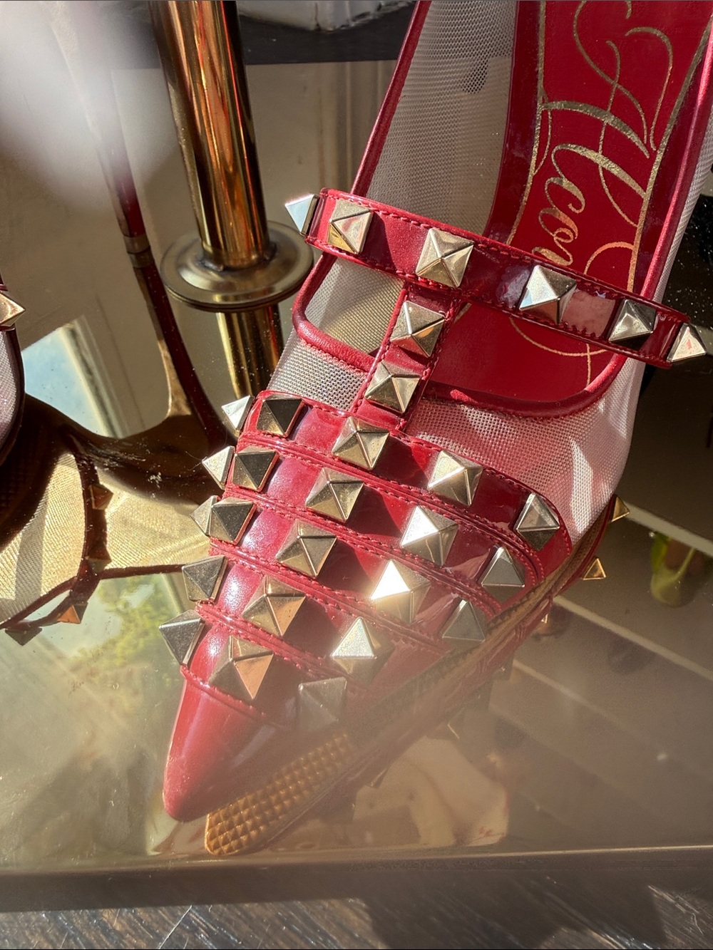 Valentino Garavani red and Gold Studded Pointed-Toe Flats - Picture 10 of 13